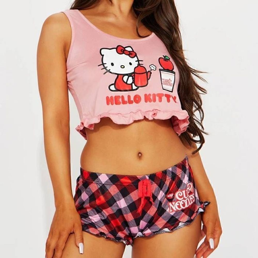 Hello Kitty Sanrio X Nissin Pajama Set Pink Plaid Large -A